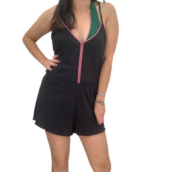 2/$30 FORTUNE Swimwear Cover Up Romper Size S Black New Claria Trim Front Resort - Picture 1 of 8